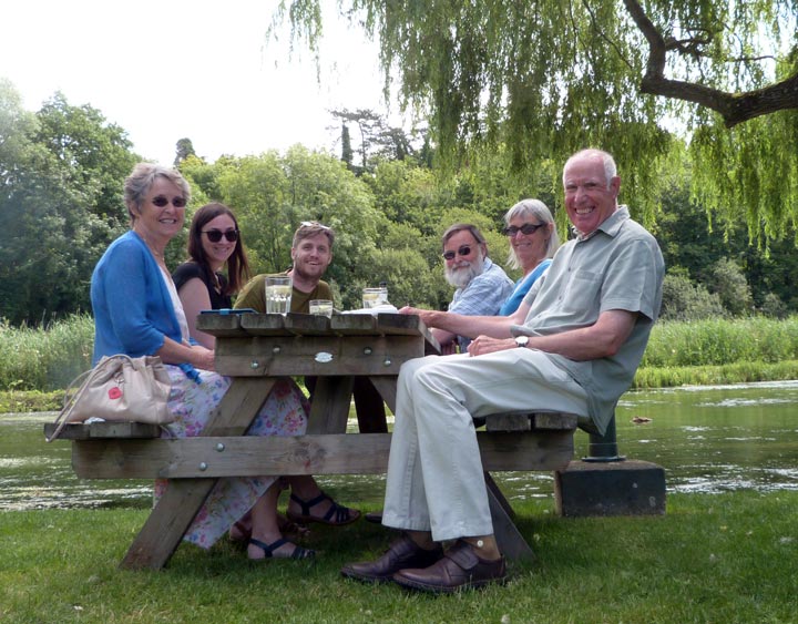 Liz, Lorna, Tim, Niel, Barbara and John in a pub beside the River Test